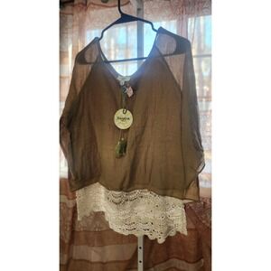 Hayden Women's Brown Crochet Tasseled V-Neck Kimono Sleeve Tunic Blouse L